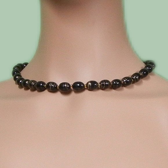 None Jewelry - Vintage Black Bead Fashion Necklace/Choker w/ Gold Colored Swirls & Clasp